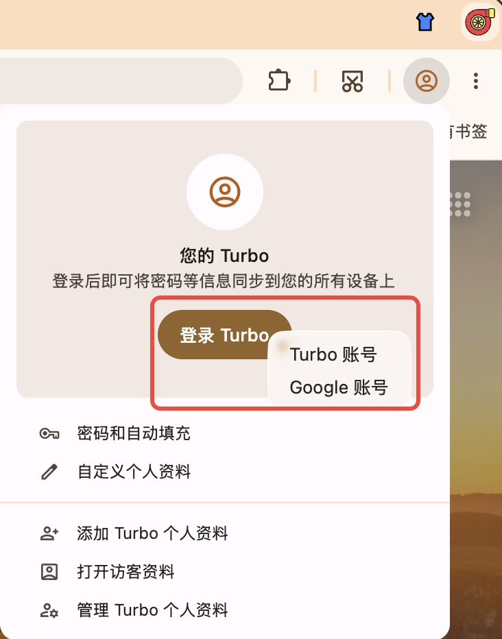 点击右上角头像，选择 Turbo 账号或 Google 账号登录